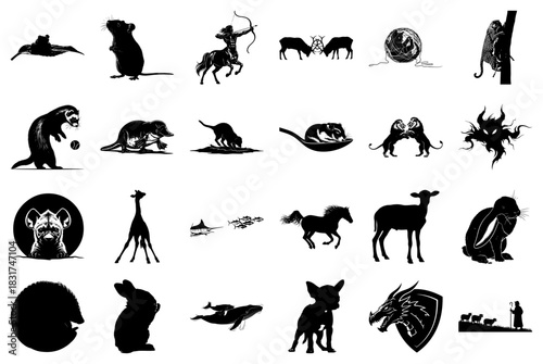Assorted Animal and Mythical Creature Silhouettes in Black and White