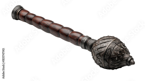 Antique Mediaeval Mace with Wooden Handle on White Background