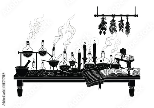 Mysterious Alchemist s Laboratory with Bubbling Potions Candles and Ancient Books furniture icons interior design layout architecture