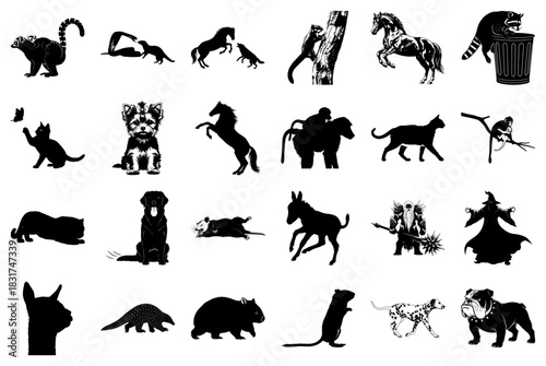 Assortment of Animal and Fantasy Silhouettes Keywords: lemur, otter, horse, raccoon, cat, dog
