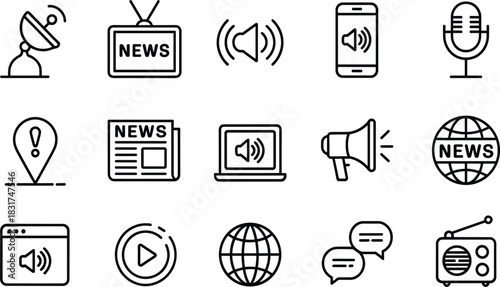 Media, News, and Communication Line Icons Set: Featuring Television, Satellite, Newspaper, Microphone, Radio, and Social Network Vector Illustration