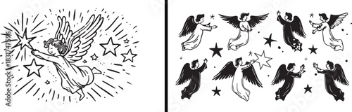 Angel illustration clipart, divine wings art, spiritual figure drawing, celestial design vector, guardian angel artwork, religious art sketch, heavenly silhouette set, peaceful angel pattern, hand dra