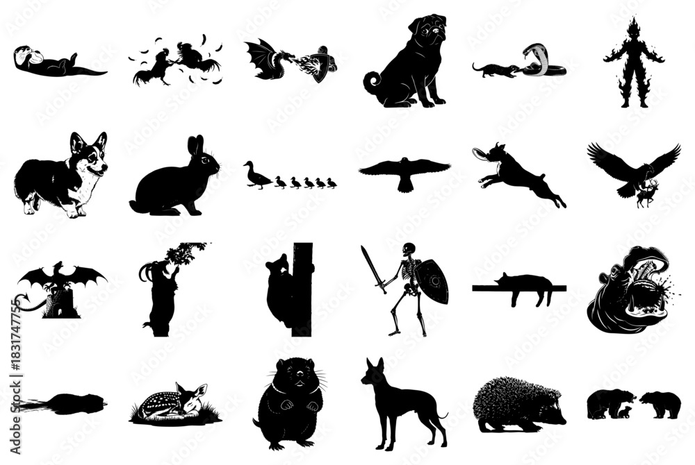 Naklejka premium Diverse Animal and Fantasy Creature Silhouettes in Black and White