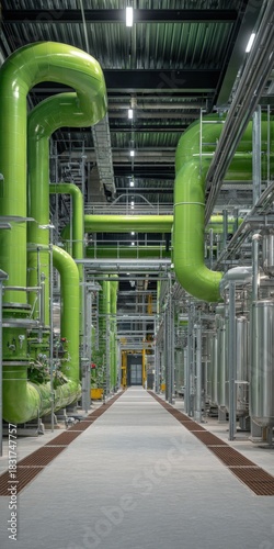Chemical plant interior with vivid green piping systems