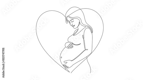 Elegant Line Art Depicting Pregnant Woman Inside Heart Shape Symbolizing Love