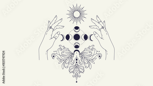 Mystical hands embracing moon phases, ethereal design, celestial connection, magic touch
