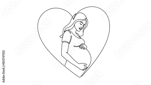 Elegant continuous line drawing of a pregnant woman inside a heart shape
