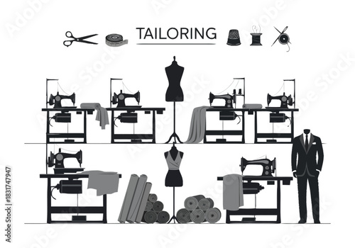 Professional Tailoring Workshop with Sewing Machines Mannequins and Supplies furniture icons interior design layout architecture