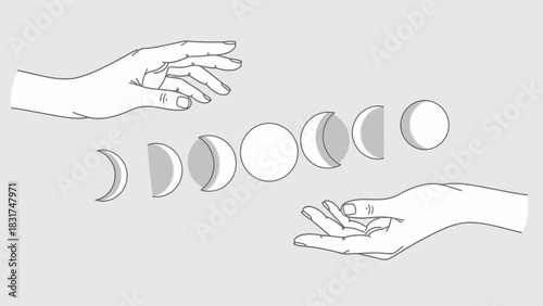 Elegant lunar cycle illustration with hands, minimalist design aesthetic, and neutral background