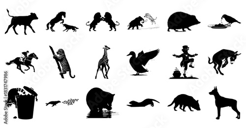 Variety of Animal and Human Silhouettes Keywords: cow, horse, wolf, lion, cheetah, hedgehog