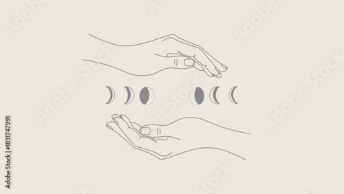 Minimalist lunar phases illustration with ethereal hands connecting to the celestial cycle