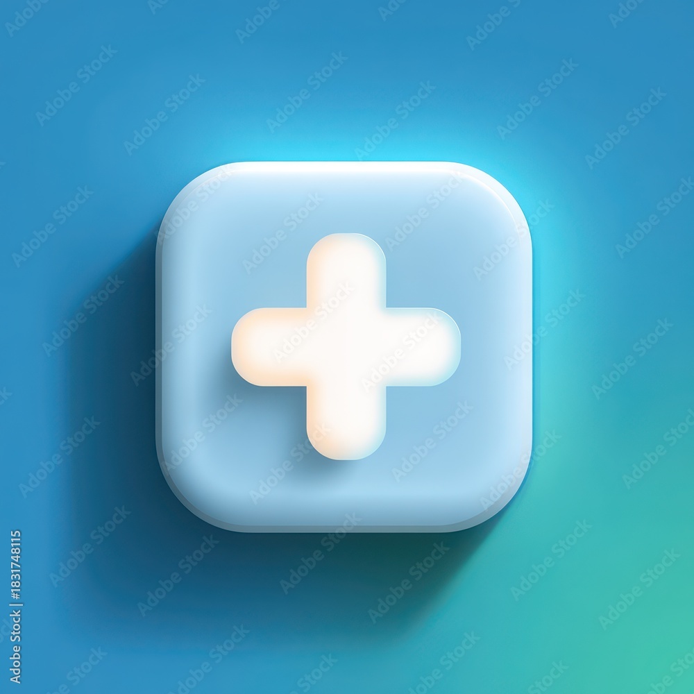 Obraz premium Glowing add icon inside a rounded button on a cool blue gradient background