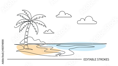 Tropical paradise one line drawing of a beach with palm tree and clouds