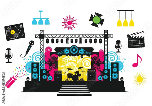 Vibrant Live Music Stage Setup with Entertainment Elements Vector Illustration furniture icons interior design layout architecture