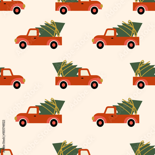 Рattern with Red pickup truck carrying bundled Christmas tree in seamless festive pattern.