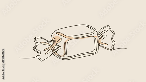Minimalist line art illustration of a wrapped candy on a neutral background