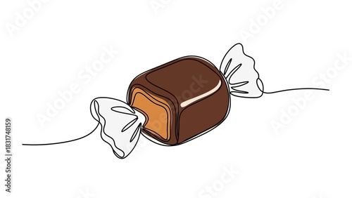 Minimalist continuous line drawing of chocolate candy with caramel filling design