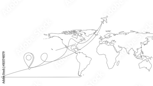 Minimalist World Map with Airplane Route and Location Pin for Travel and Tourism