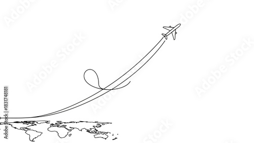Minimalist airplane route over world map illustration for travel and tourism visuals