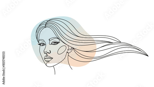 Elegant minimalist line art of a woman's face with flowing hair and soft colors