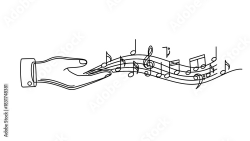 Conceptual music composition in hand illustration with musical notes floating