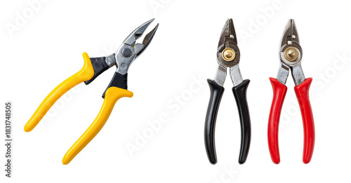 Yellow handled plier and two metal snips with black and red handles transparency background, practical tools for cutting and gripping metalwork