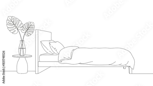 Minimalist Bedroom Interior Line Art Illustration with Bed and Plant Decoration