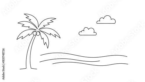 Minimalist line art of a tropical beach scene with palm tree and clouds illustration