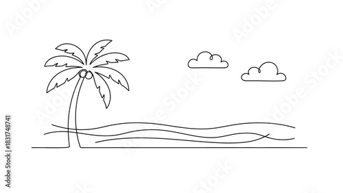 Minimalist tropical beach scene with palm tree, ocean waves and clouds in one line