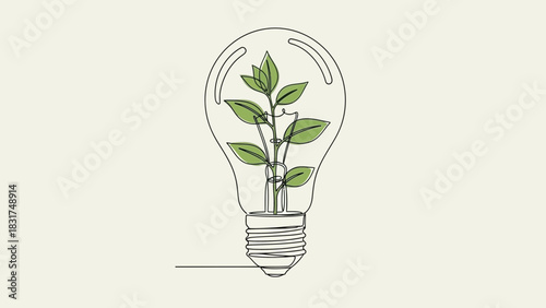 Conceptual line art of a light bulb containing plant growth, representing green energy