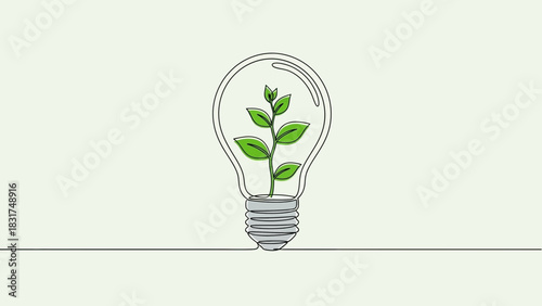 Continuous line drawing of lightbulb with plant inside: Green energy and sustainability