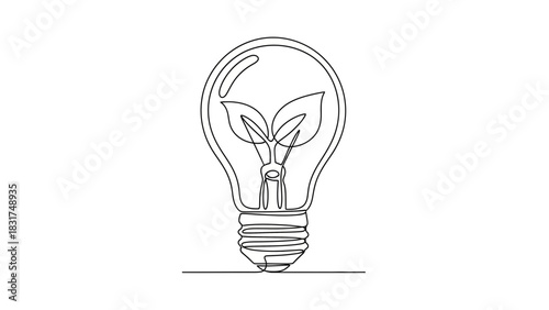Single line art illustration of a light bulb with plant, symbolizing eco energy