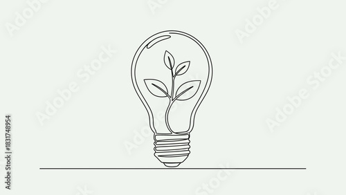 Single line art illustration depicting a light bulb containing a growing plant inside