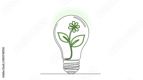 Single line drawing of lightbulb with plant growing inside, symbolizing green energy