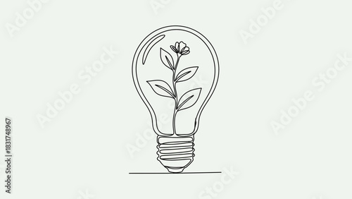 Single continuous line art depicting lightbulb with plant growth inside concept