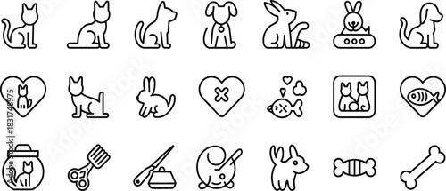 Pets, Veterinary, and Domestic Animals Line Icons Set: Featuring Cat, Dog, Rabbit, Fish, Pet Care, Bone, and Grooming Scissors Vector Illustration