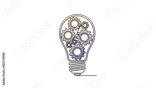Continuous line drawing of lightbulb with gears showcasing innovation and ideas