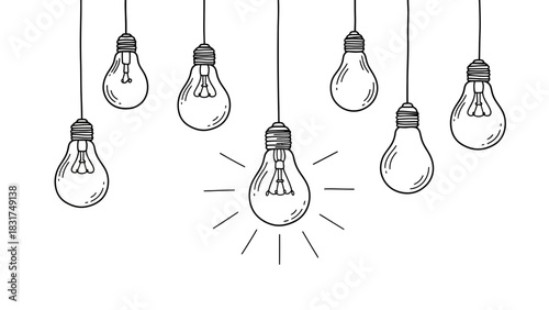 Hanging light bulbs sketch illustration, symbolizing ideas, creativity and innovation