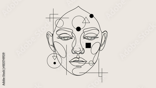 Elegant line art of a woman's face with geometric shapes, conveying modern aesthetics