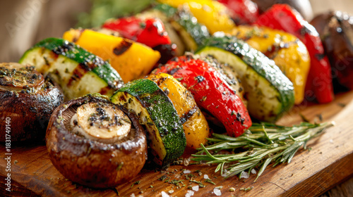 Fototapeta Naklejka Na Ścianę i Meble -  Grilled vegetable skewers with zucchini, bell peppers, and mushrooms seasoned with herbs served on a wooden board for a healthy meal option