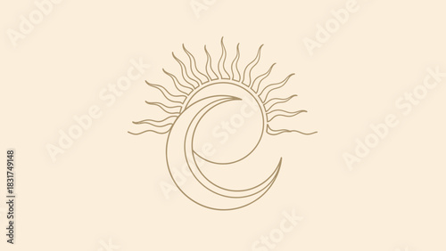 Elegant sun and moon line art logo design, cosmic celestial emblem illustration