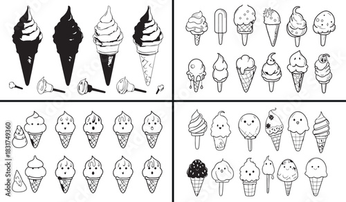 Ice cream doodle, dessert illustration set, sweet treat drawing, hand drawn ice cream, cone and popsicle vector, summer dessert clipart, frozen food pattern, cute ice cream icon, sugary design artwork