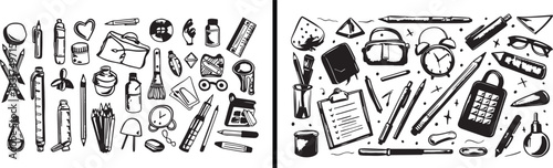 Stationery illustration set, office supplies clipart, creative doodle artwork, writing instrument vector, school study icon, artistic stationery pack, hand drawn office tools, learning element design,