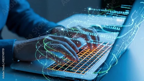 Data streams across fingers typing on laptop keyboard, connecting digital future and technology with speed and innovation
