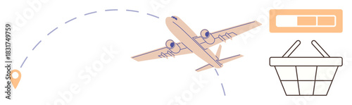 Airplane flying along a dotted path toward a location pin, progress bar, and shopping basket. Ideal for logistics, travel, e-commerce, delivery, navigation progress connectivity. Simple flat