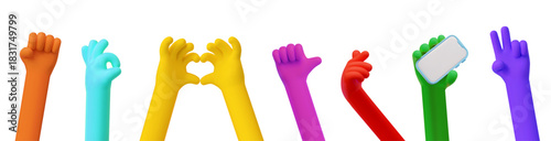 Colorful hands gestures 3D vector icons set, cartoon hand with smartphone, heart shape gesture, thumbs up, ok and V sign