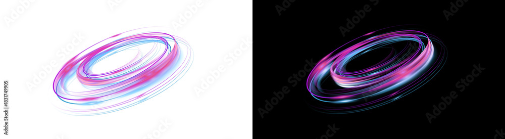 Fototapeta premium PNG image of Abstract light trails in vibrant pink and blue hues create a dynamic circular motion effect against a stark perfect for modern designs and visual effects on transparent background