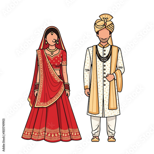 Indian wedding couple, the beautiful bride dressed in a traditional red lehenga and the handsome groom wearing a sherwani, depicted in clean flat 2D vector art isolated on white.