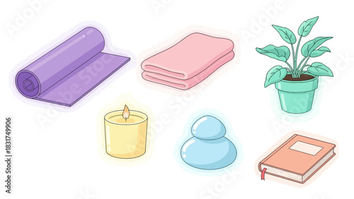 A collection of items for relaxation and wellness, including a yoga mat, towel, plant, candle, stones, and a book.