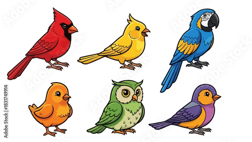 Six colorful cartoon birds including a cardinal, canary, macaw, chick, owl, and another small bird.